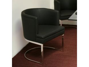 Black Leatherette and Polished Stainless Steel Barrel Back Arm Chair