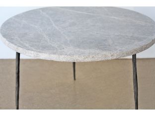 Low Gray Marble End Table with Hammered Steel Base