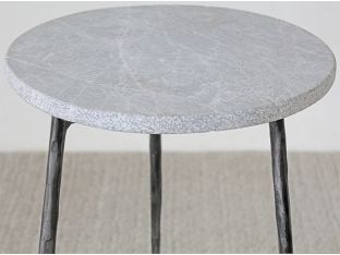 Tall Gray Marble End Table With Hammered Steel Base