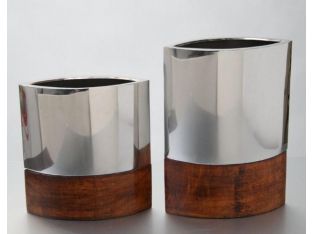 Set of 2 Assorted Wood and Metal Elliptical Vases