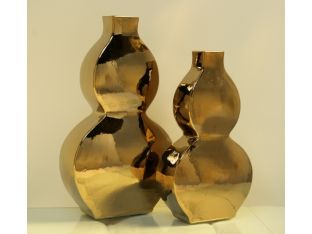 Set of 2 Golden Porcelain Flat Gourd Vases