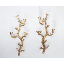Pair of Brass Branch and Bird 3-Candle Sconce